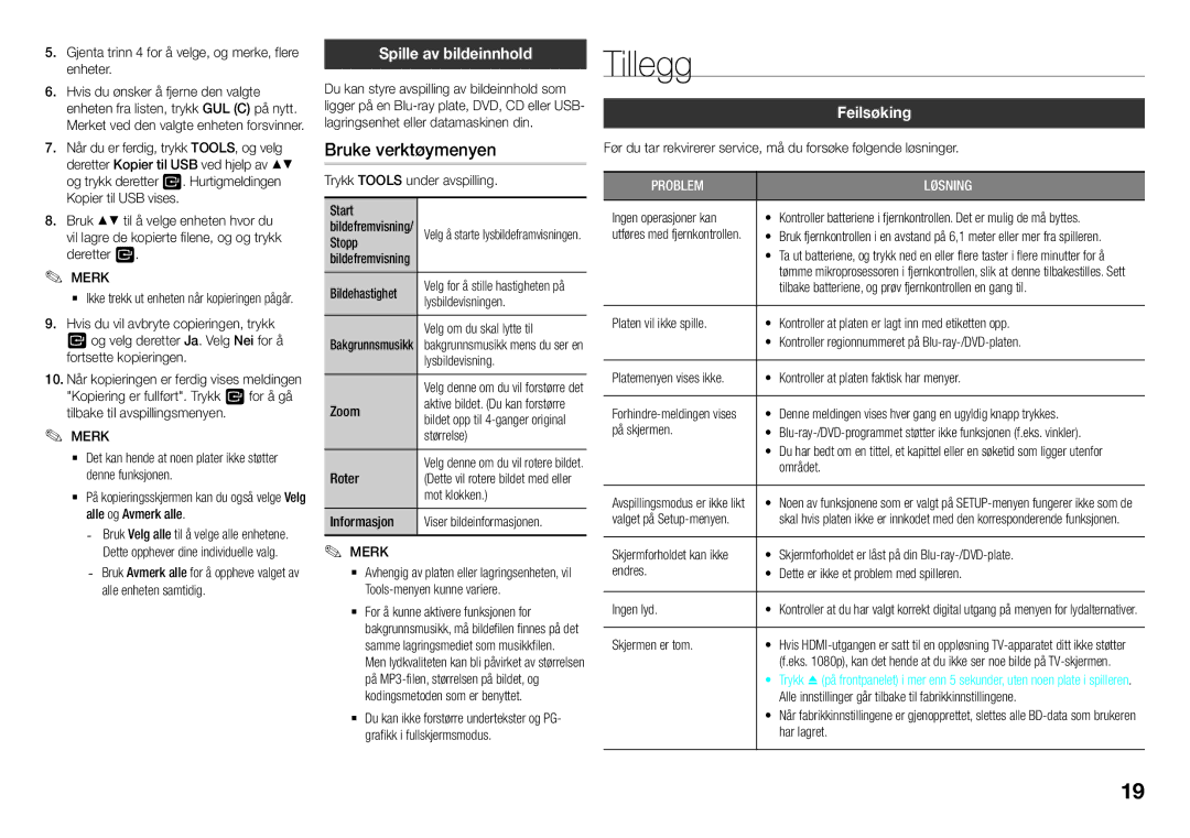 Samsung BD-J5500/XE, BD-J5500E/XE manual Tillegg, Bruke verktøymenyen, Spille av bildeinnhold, Feilsøking 