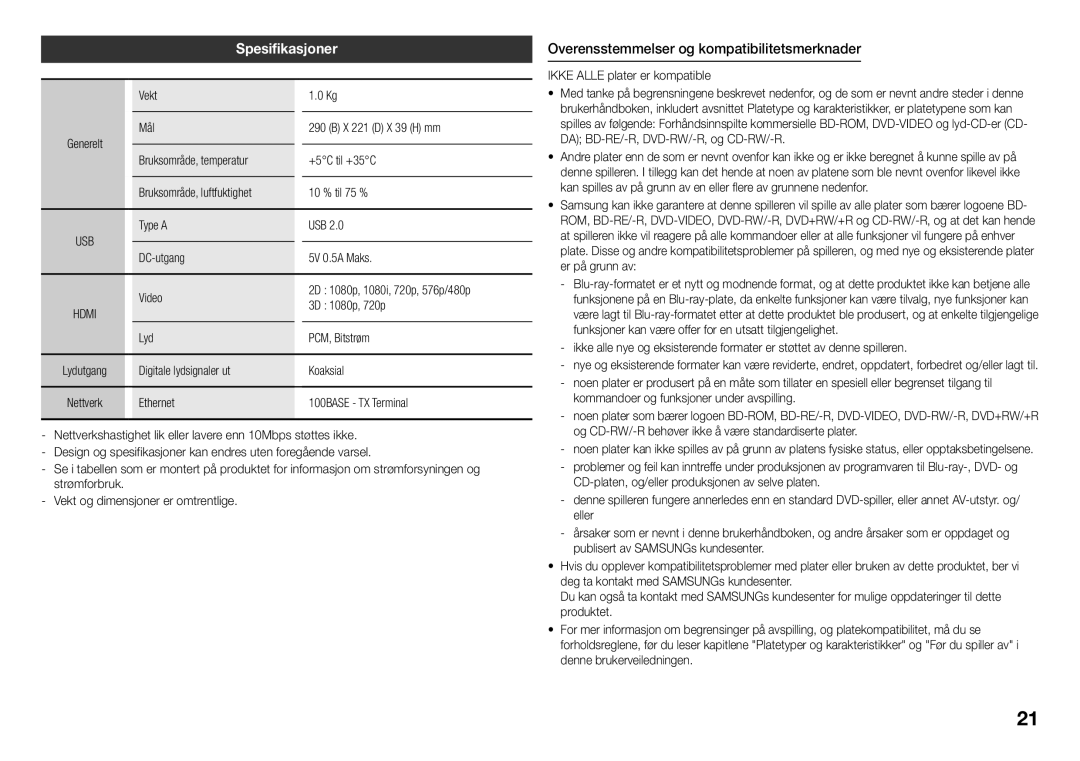 Samsung BD-J5500/XE, BD-J5500E/XE manual Spesifikasjoner, Overensstemmelser og kompatibilitetsmerknader 