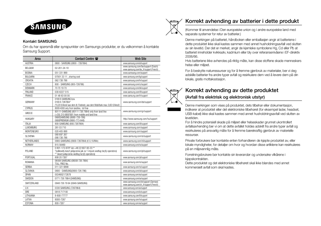 Samsung BD-J5500/XE, BD-J5500E/XE manual Korrekt avhending av batterier i dette produkt 