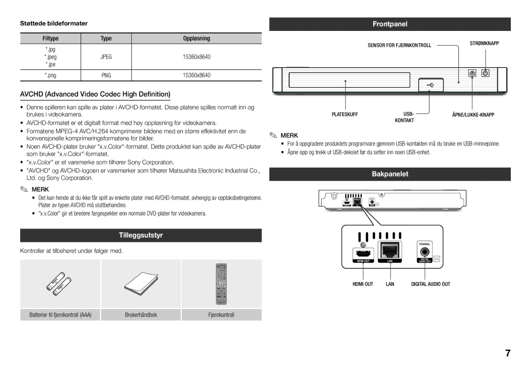 Samsung BD-J5500/XE, BD-J5500E/XE manual Avchd Advanced Video Codec High Definition, Tilleggsutstyr, Frontpanel, Bakpanelet 