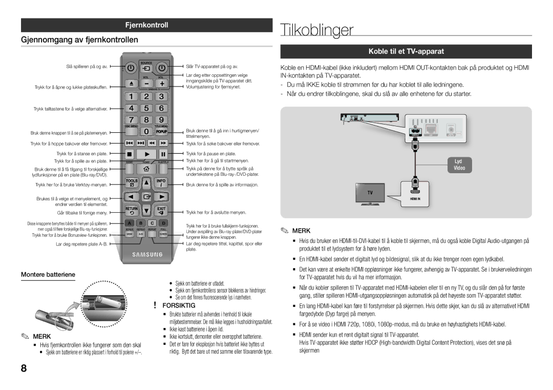 Samsung BD-J5500E/XE, BD-J5500/XE Tilkoblinger, Gjennomgang av fjernkontrollen, Fjernkontroll, Koble til et TV-apparat 