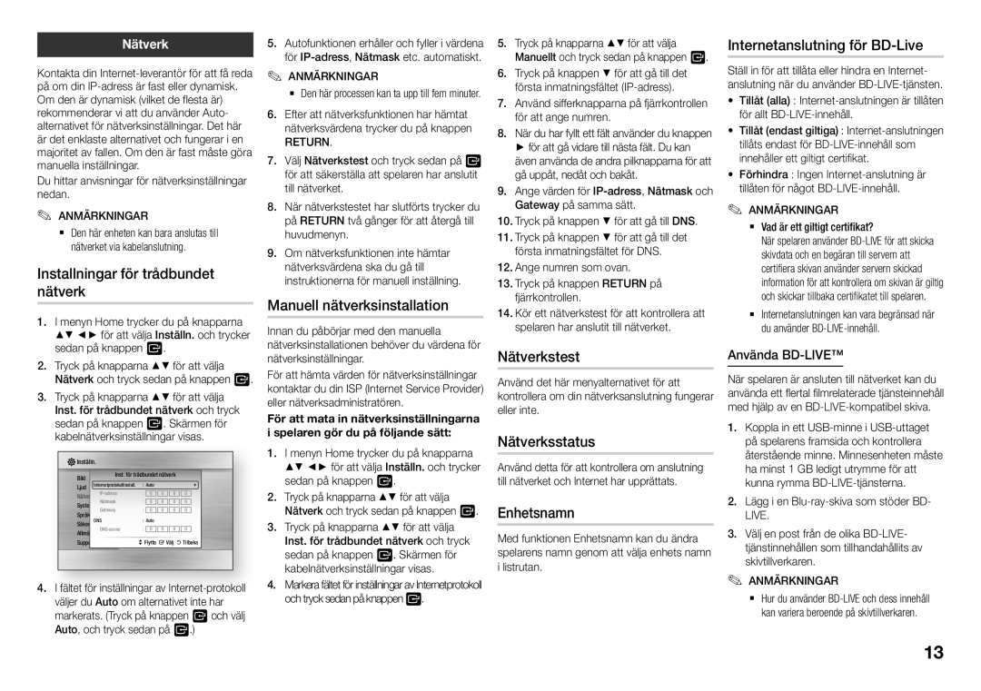 Samsung BD-J5500/XE manual Installningar för trådbundet nätverk, Manuell nätverksinstallation, Nätverkstest, Nätverksstatus 