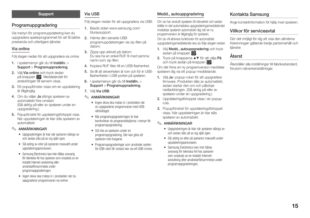 Samsung BD-J5500/XE, BD-J5500E/XE manual Programuppgradering, Kontakta Samsung, Villkor för serviceavtal, Återst, Support 