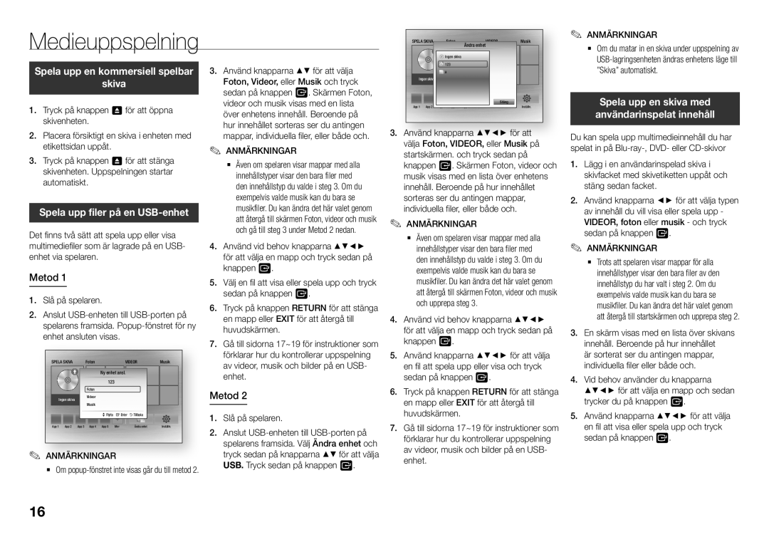 Samsung BD-J5500E/XE, BD-J5500/XE manual Medieuppspelning, Skiva, Spela upp filer på en USB-enhet, Metod, Slå på spelaren 