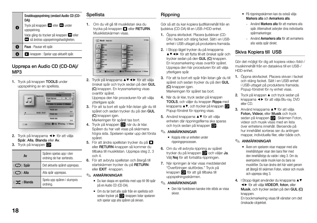 Samsung BD-J5500E/XE, BD-J5500/XE manual Upprepa en Audio CD CD-DA/ MP3, Spellista, Rippning, Skiva Kopiera till USB 