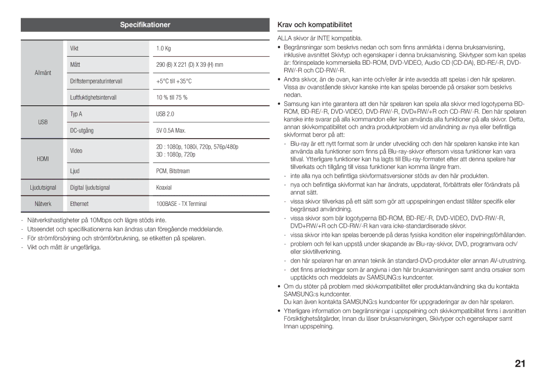 Samsung BD-J5500/XE, BD-J5500E/XE manual Specifikationer, Krav och kompatibilitet 