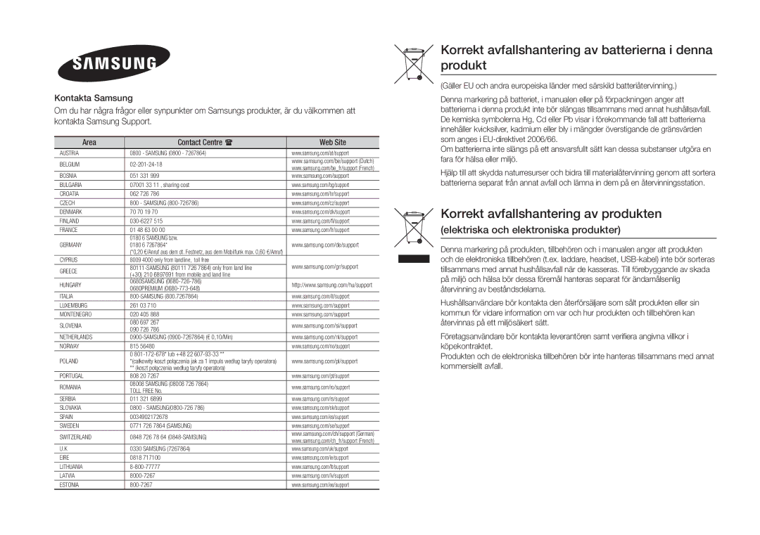 Samsung BD-J5500/XE, BD-J5500E/XE manual Korrekt avfallshantering av batterierna i denna produkt 