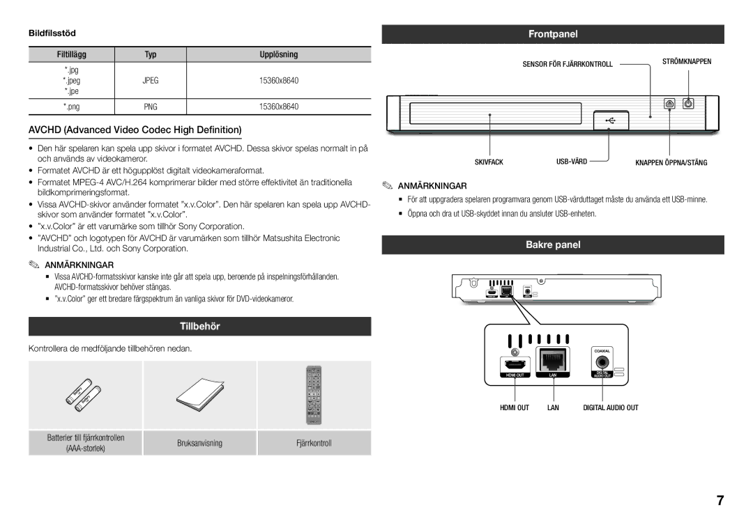 Samsung BD-J5500/XE, BD-J5500E/XE manual Avchd Advanced Video Codec High Definition, Tillbehör, Frontpanel, Bakre panel 