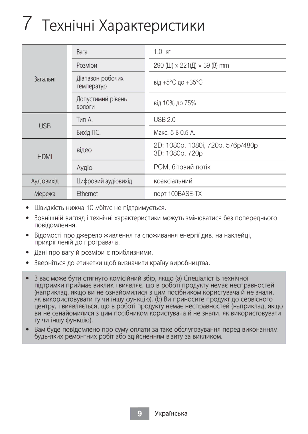 Samsung BD-J5500/RU Технічні Характеристики, Вага Розміри 290 Ш × 221Д × 39 В mm, Аудіо PCM, бітовий потік, Коаксіальний 