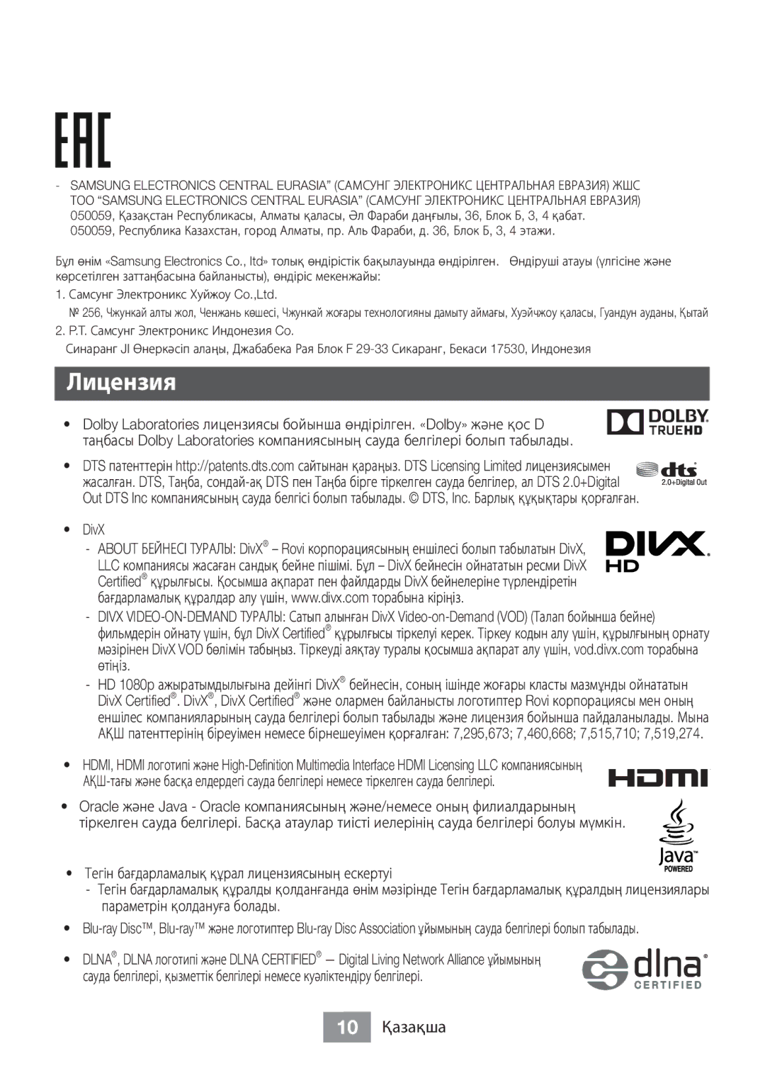 Samsung BD-J5500/RU manual Лицензия 