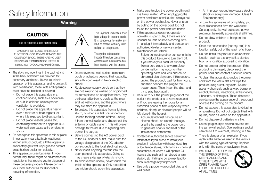 Samsung BD-J5500/SQ manual Safety Information, ~~ Use only a properly grounded plug and wall outlet 