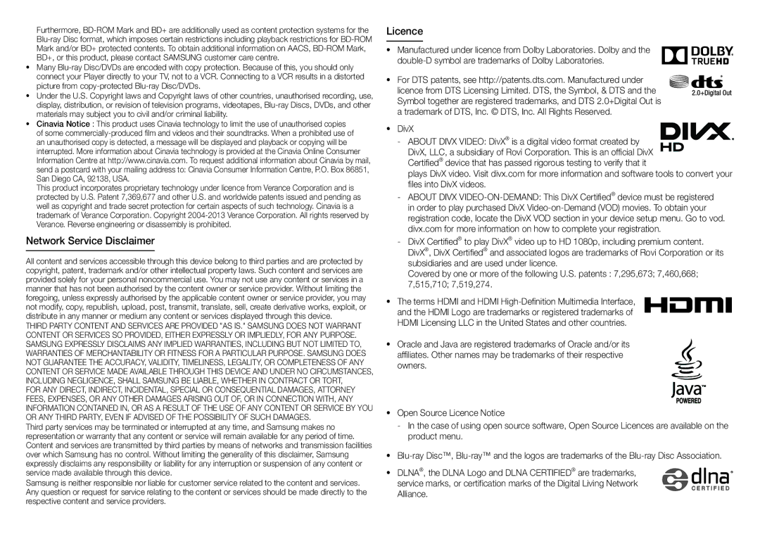 Samsung BD-J5500/SQ manual Network Service Disclaimer, Licence 