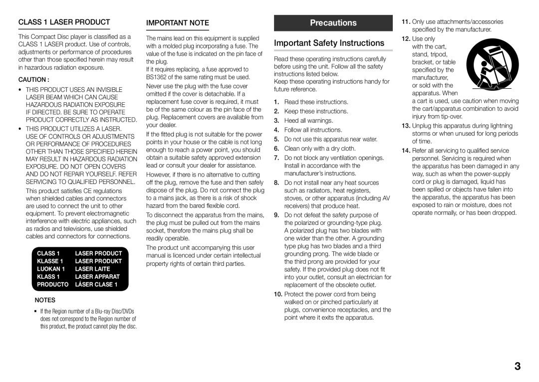 Samsung BD-J5500/SQ manual Precautions, Important Safety Instructions 