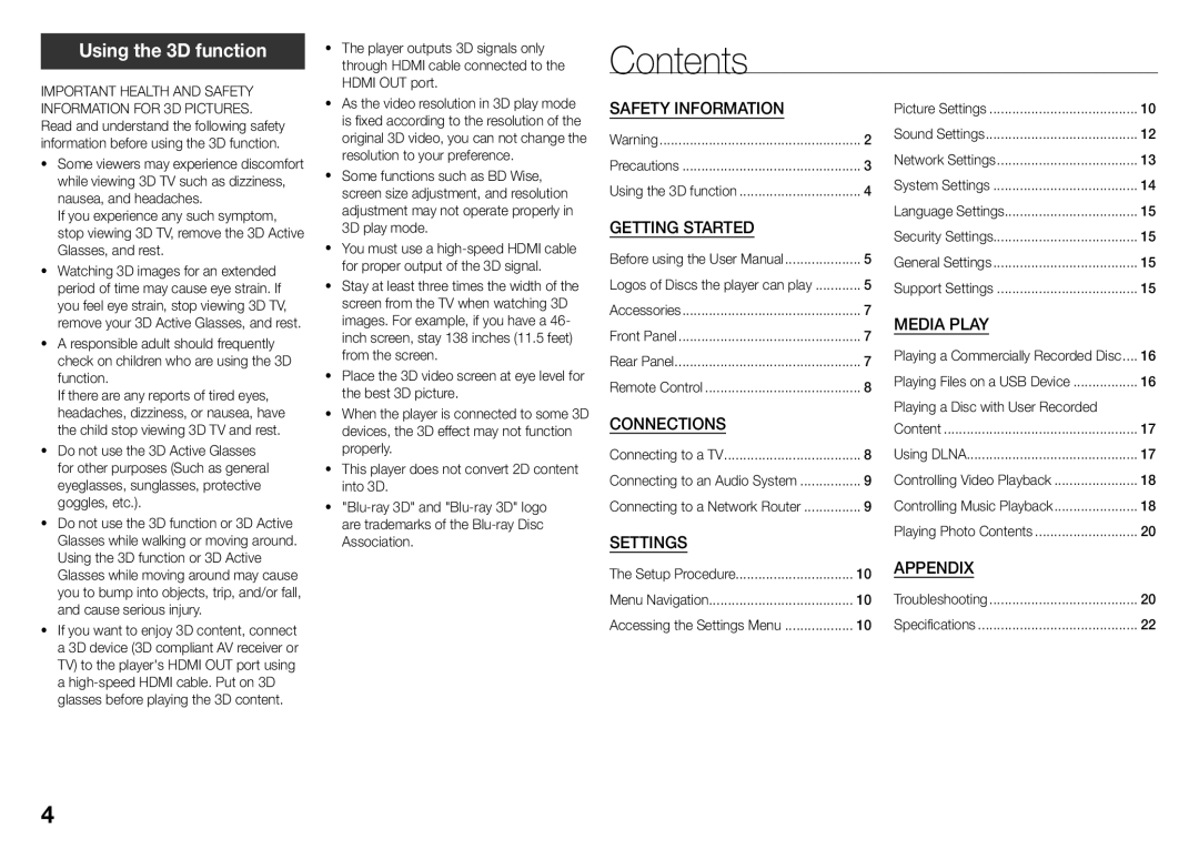 Samsung BD-J5500/SQ manual Contents 