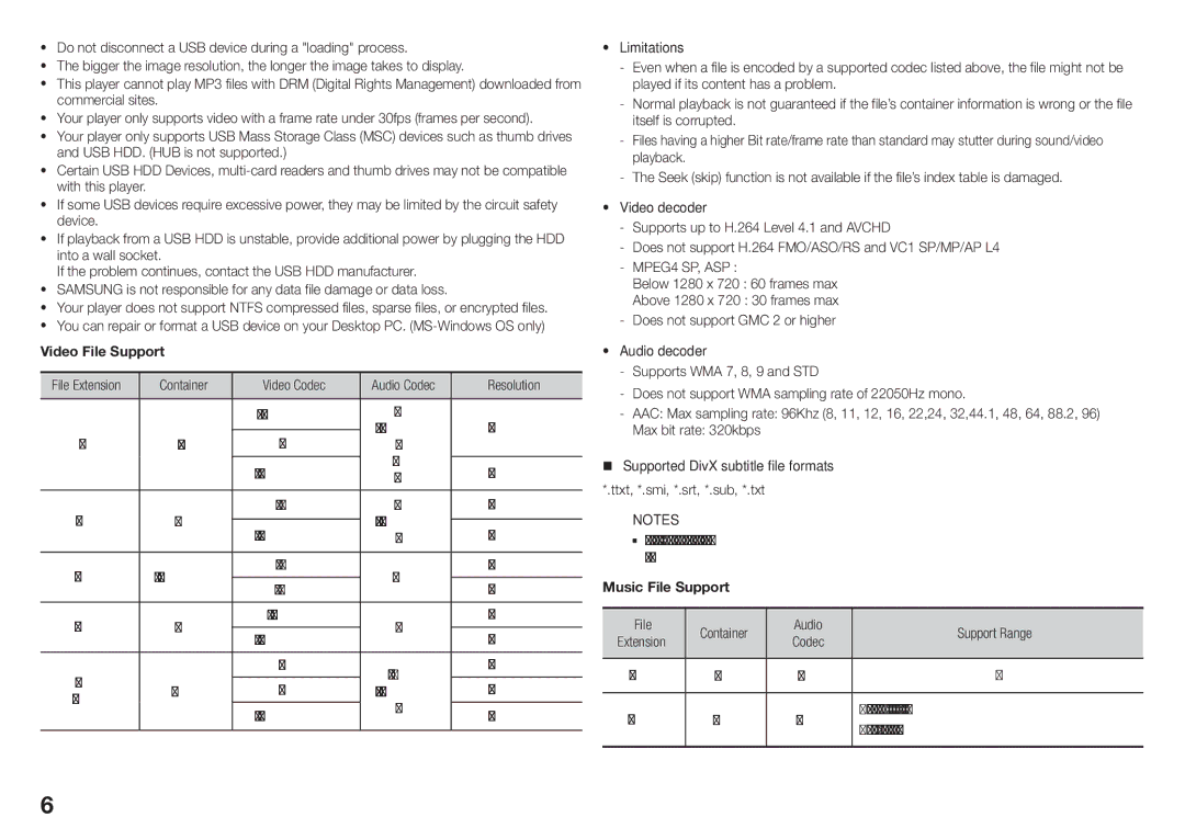 Samsung BD-J5500/SQ manual Resolution, 1920x1080, Avi, MP4v3, Bit rates All bit-rates from 5kbps to 355kbps 