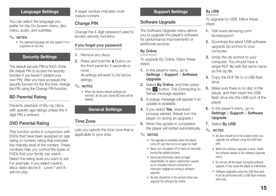 Samsung BD-J5500/UM manual Language Settings, Security Settings, General Settings, Support Settings 