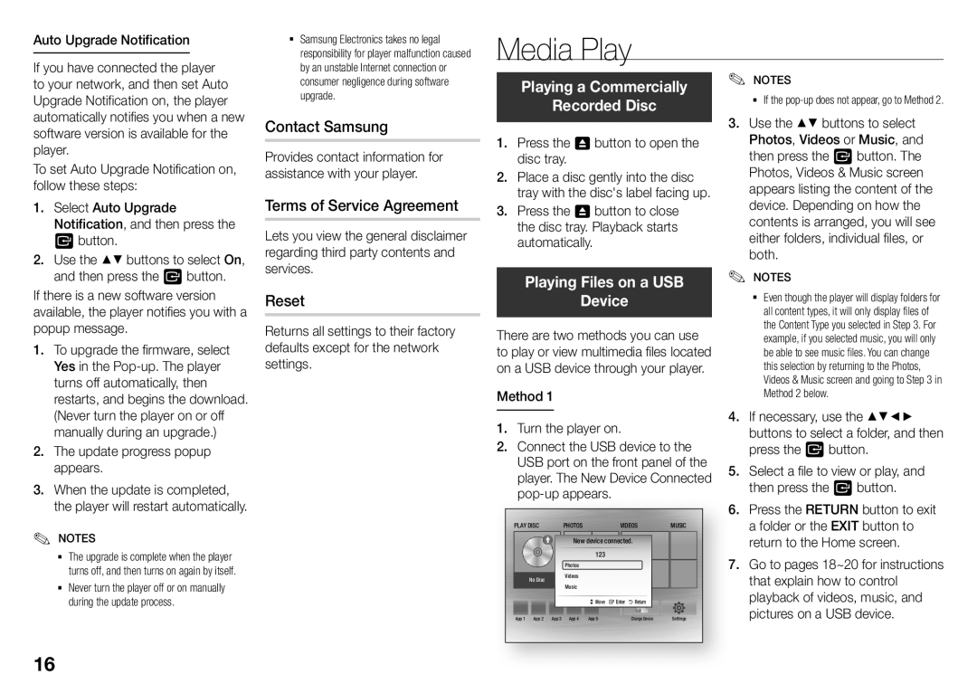 Samsung BD-J5500/UM manual Media Play, Playing a Commercially Recorded Disc, Playing Files on a USB Device 