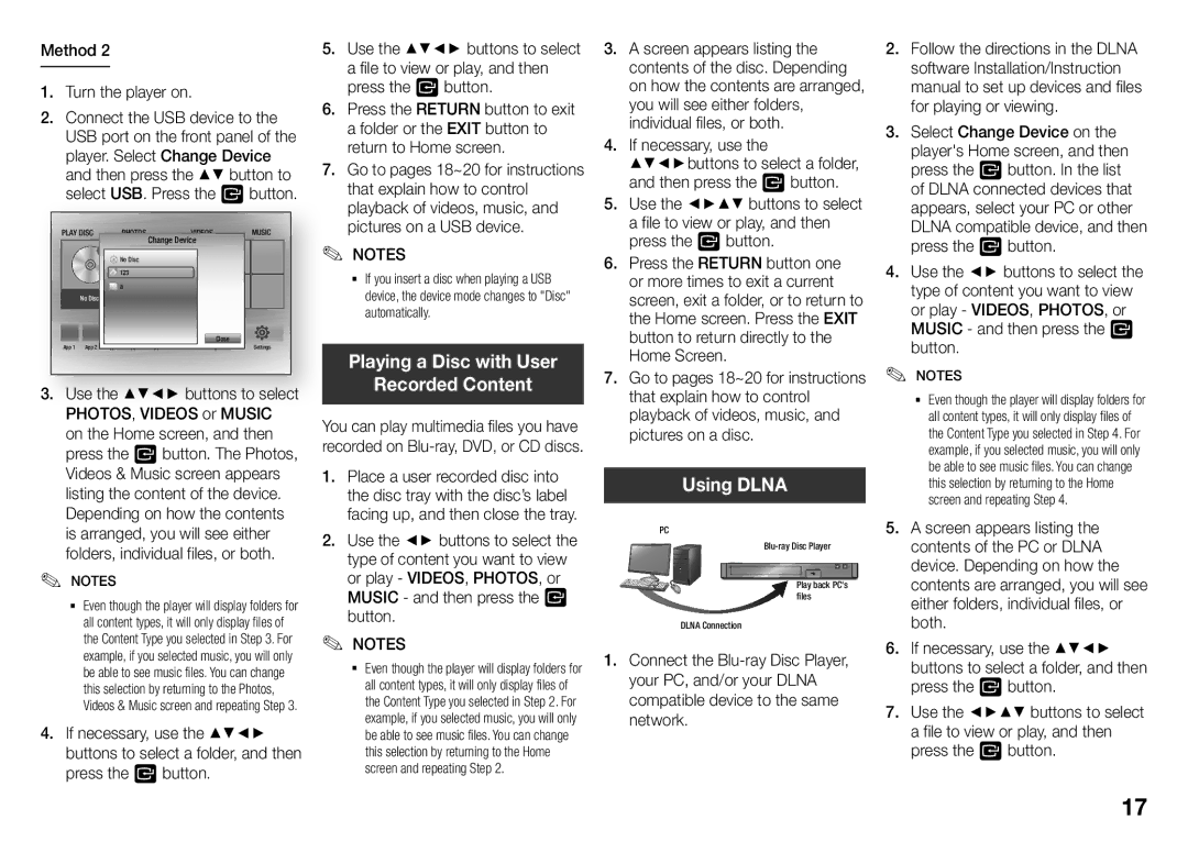 Samsung BD-J5500/UM manual Playing a Disc with User Recorded Content, Using Dlna, Method Turn the player on 