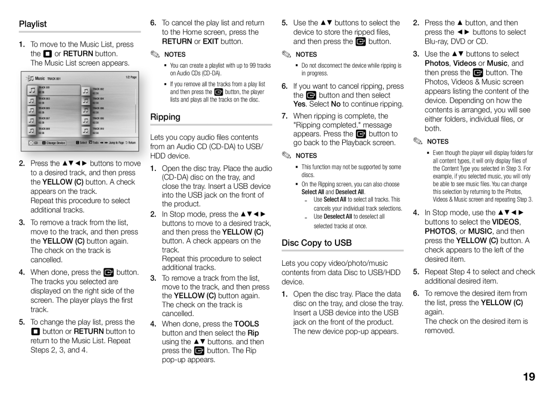 Samsung BD-J5500/UM manual Playlist, Ripping, Disc Copy to USB 