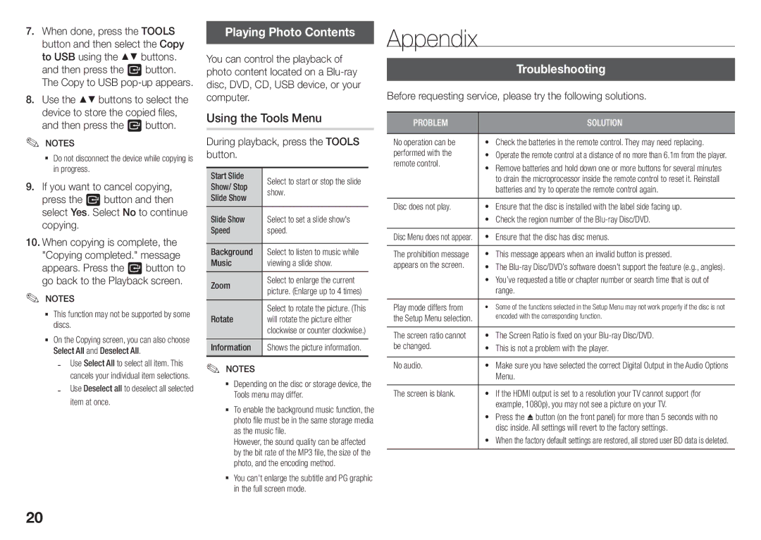 Samsung BD-J5500/UM manual Appendix, Playing Photo Contents, Troubleshooting 