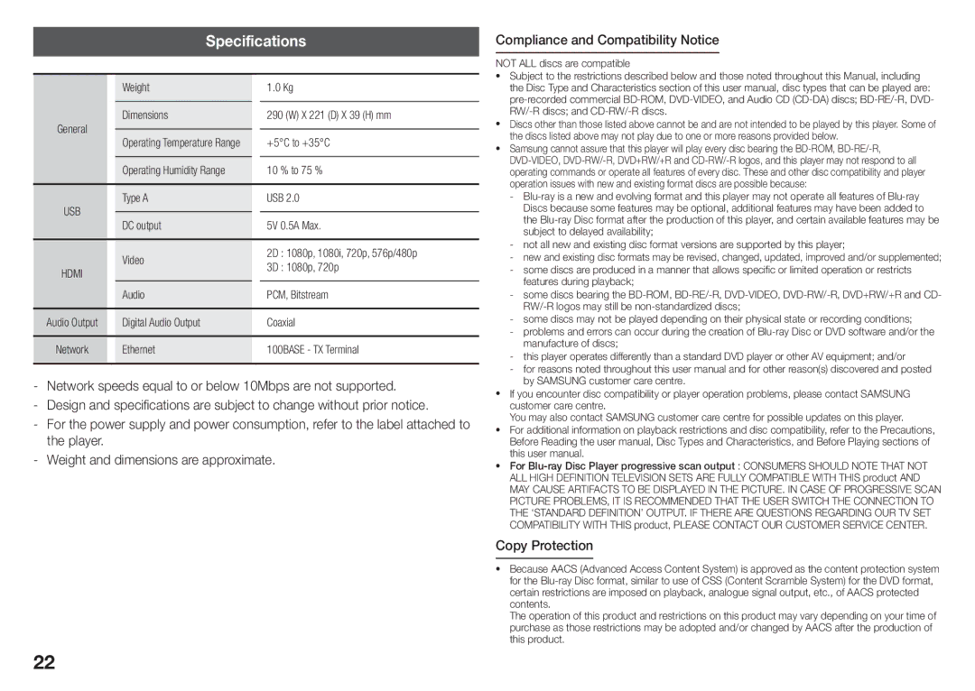 Samsung BD-J5500/UM manual Specifications, Copy Protection 