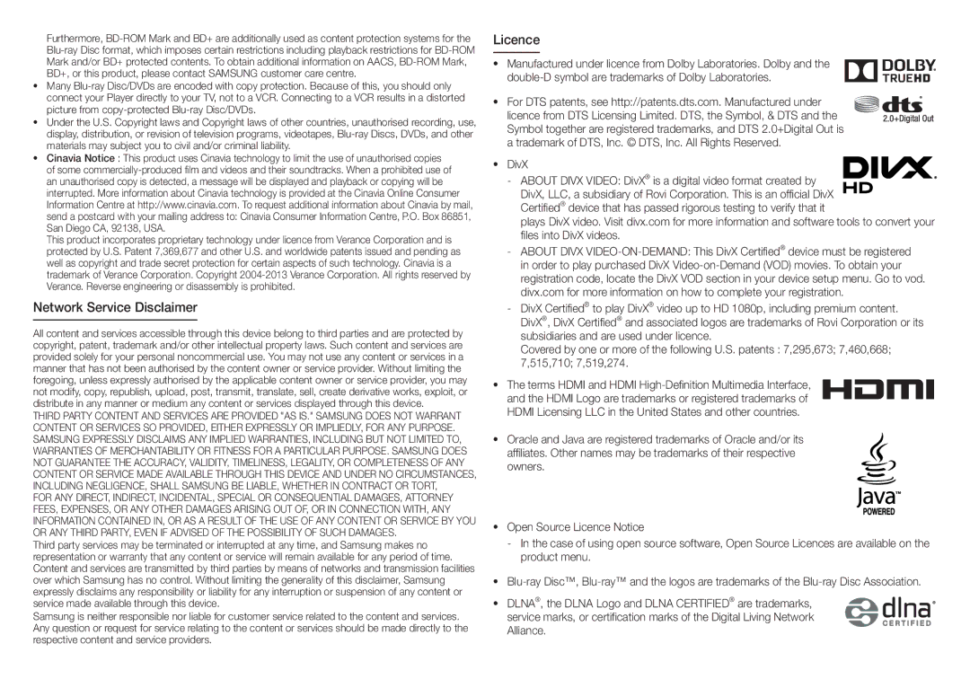 Samsung BD-J5500/UM manual Network Service Disclaimer, Licence 