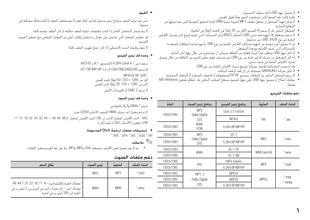 Samsung BD-J5500/UM manual MPEG4 SP، ASP, MP3, Wma, Dts 