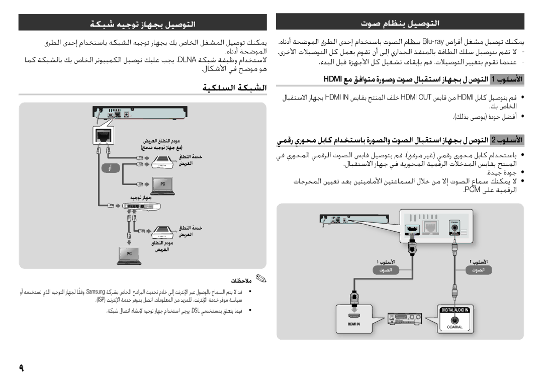 Samsung BD-J5500/UM manual ةكبش هيجوت زاهجب ليصوتلا, ةيكلسلا ةكبشلا, توص ماظنب ليصوتلا 