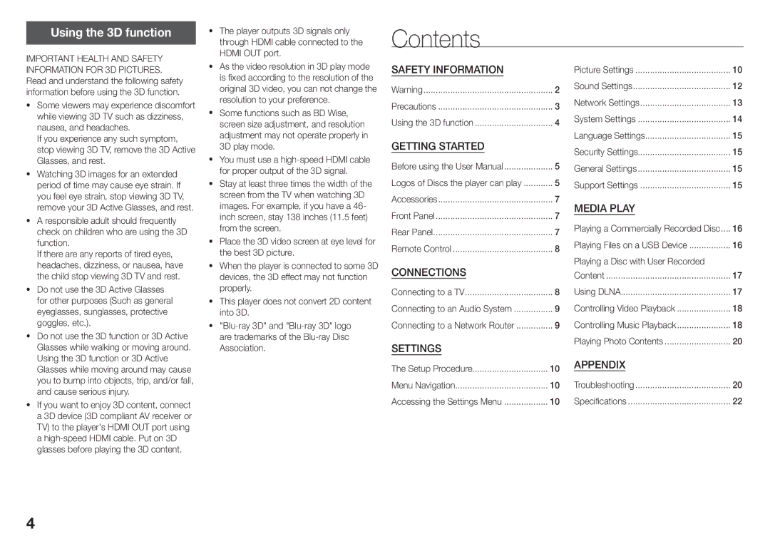 Samsung BD-J5500/UM manual Contents 