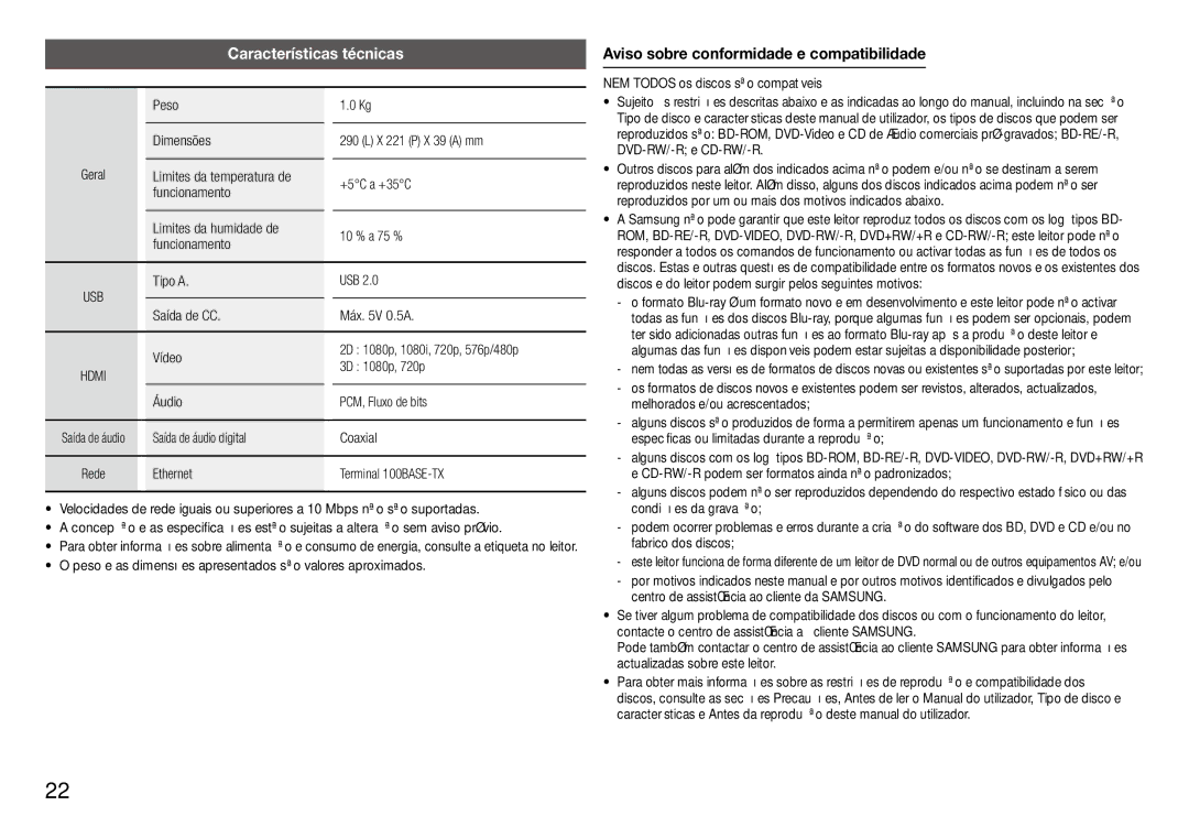 Samsung BD-J5500/ZF, BD-J5500E/ZF manual Características técnicas 