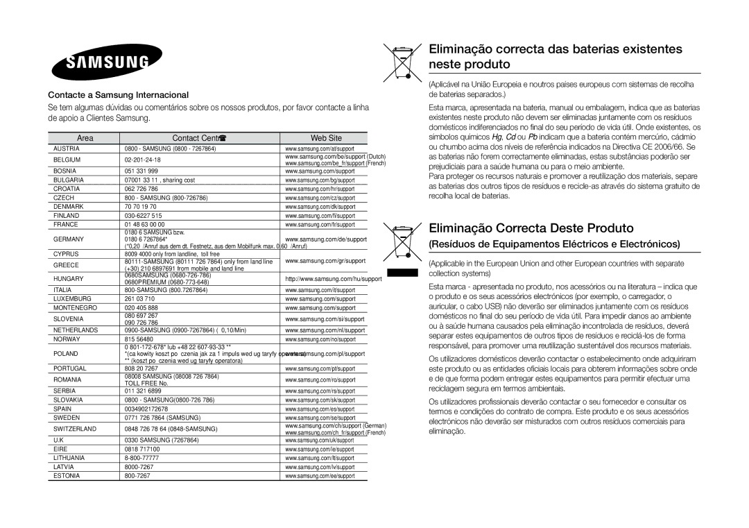 Samsung BD-J5500/ZF, BD-J5500E/ZF manual Eliminação correcta das baterias existentes neste produto 