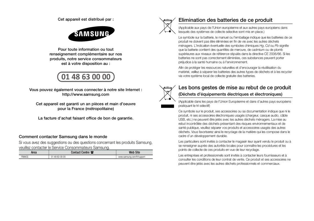 Samsung BD-J5500/ZF, BD-J5500E/ZF manual Elimination des batteries de ce produit, Comment contacter Samsung dans le monde 