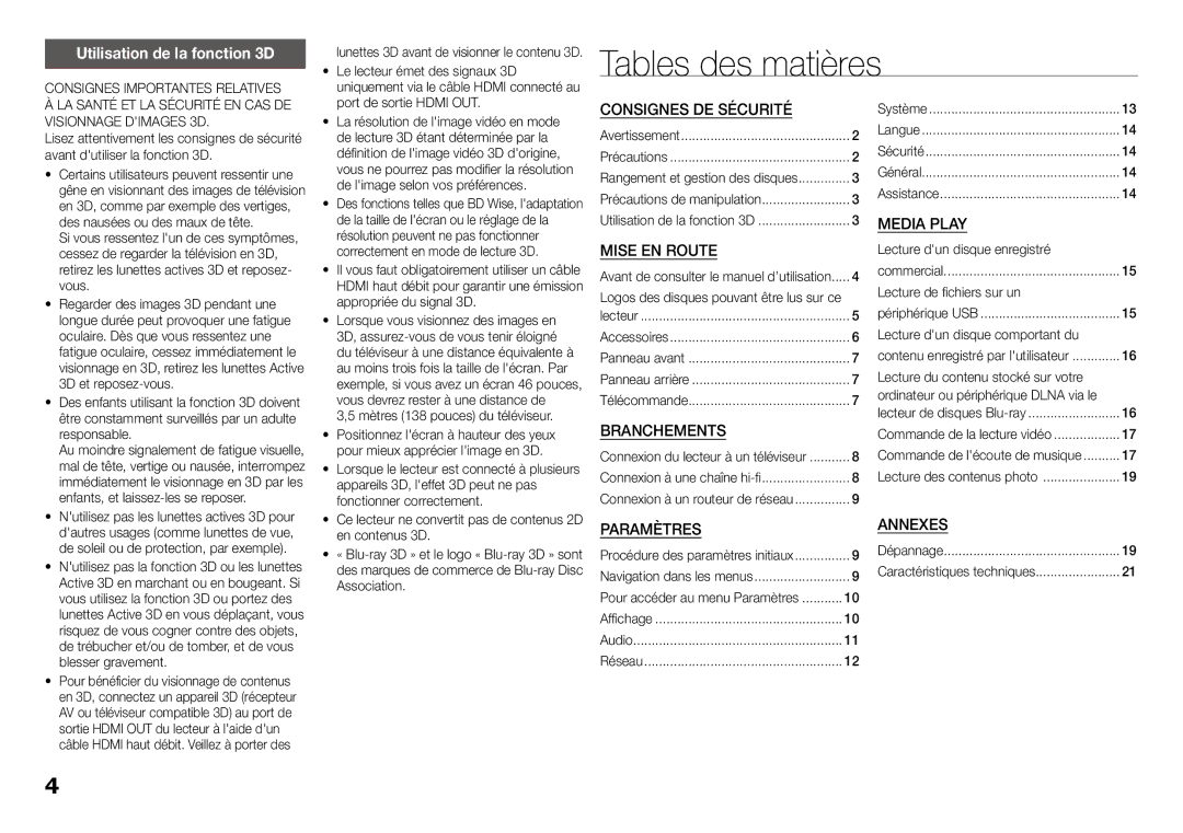 Samsung BD-J5500/ZF, BD-J5500E/ZF Tables des matières, Utilisation de la fonction 3D, Media Play, Mise en route, Annexes 