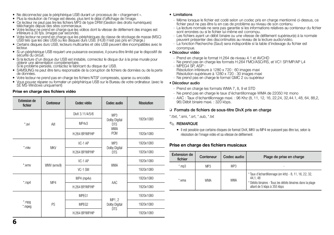 Samsung BD-J5500/ZF, BD-J5500E/ZF manual ĞĞ Formats de fichiers de sous-titre DivX pris en charge 