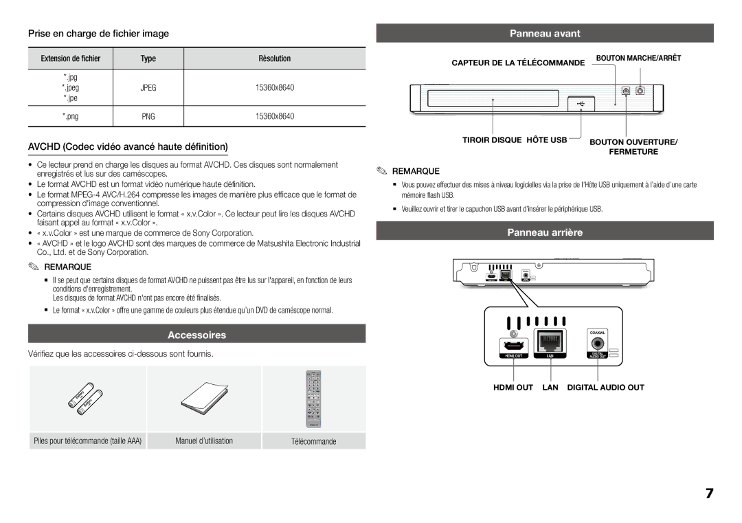 Samsung BD-J5500E/ZF, BD-J5500/ZF Prise en charge de fichier image, Avchd Codec vidéo avancé haute définition, Accessoires 