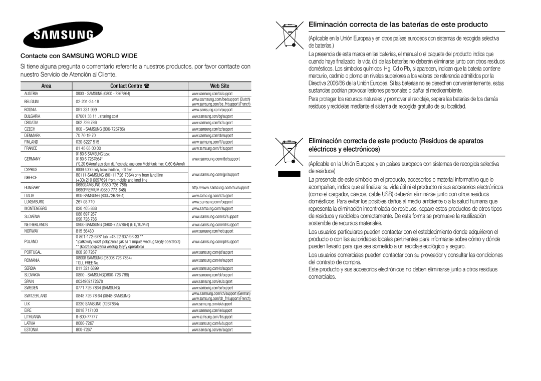 Samsung BD-J5500/ZF, BD-J5500E/ZF manual Eliminación correcta de las baterías de este producto 