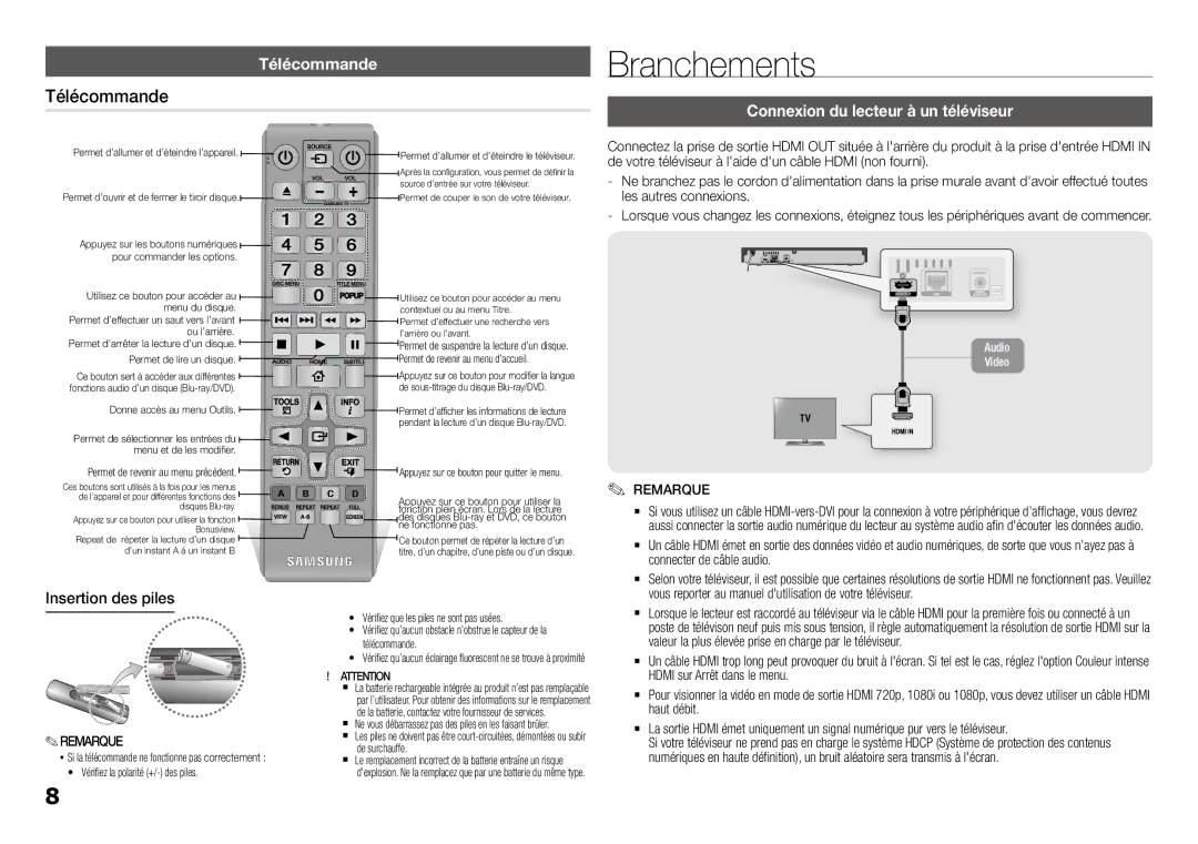 Samsung BD-J5500/ZF, BD-J5500E/ZF Branchements, Télécommande, Connexion du lecteur à un téléviseur, Insertion des piles 