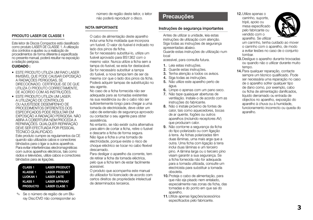 Samsung BD-J5500E/ZF, BD-J5500/ZF manual Instruções de segurança importantes, Produto Laser DE Classe 