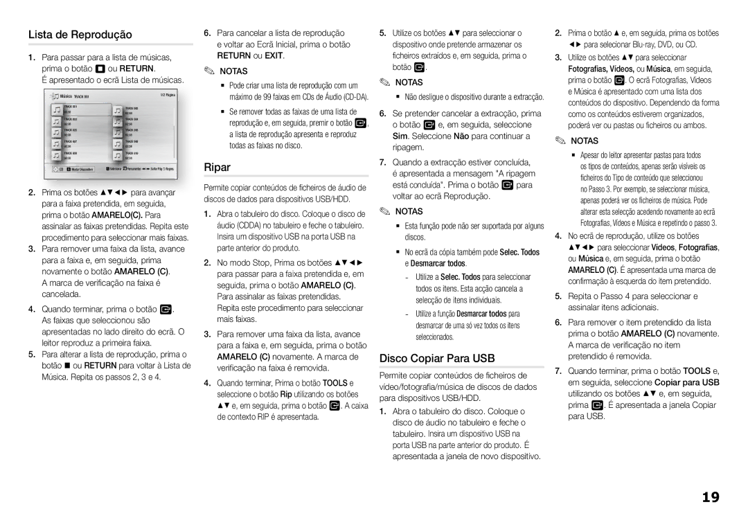 Samsung BD-J5500E/ZF, BD-J5500/ZF manual Lista de Reprodução, Ripar, Disco Copiar Para USB 