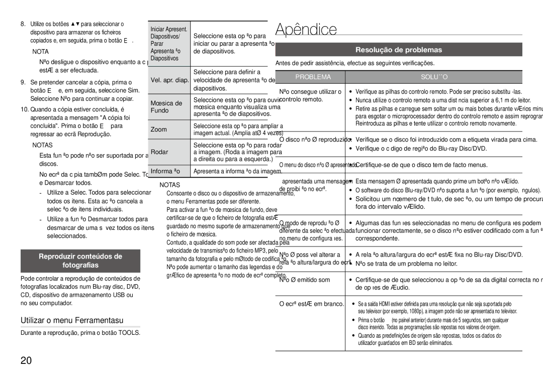 Samsung BD-J5500/ZF Apêndice, Utilizar o menu Ferramentasu, Reproduzir conteúdos de Fotografias, Resolução de problemas 