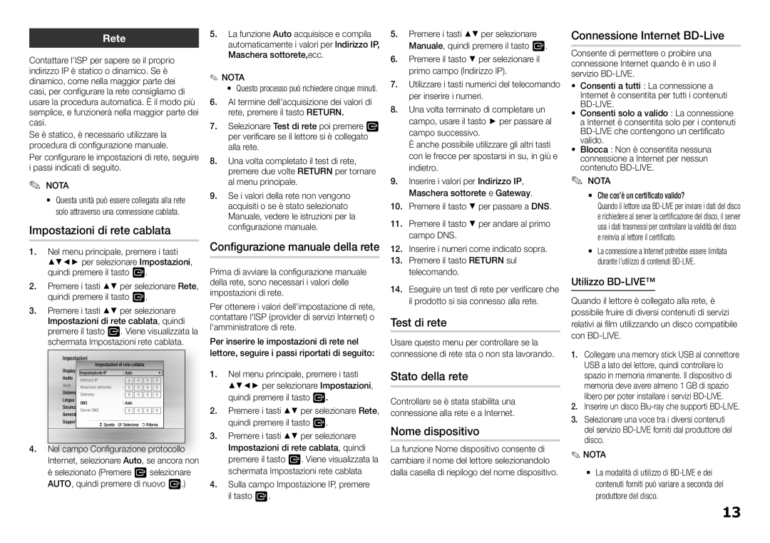 Samsung BD-J5500/ZF manual Impostazioni di rete cablata, Test di rete, Stato della rete, Nome dispositivo 