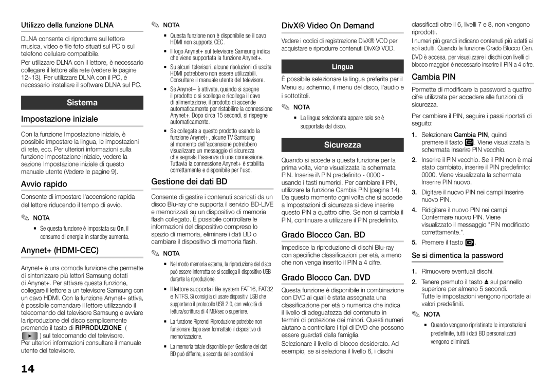 Samsung BD-J5500/ZF Impostazione iniziale, Avvio rapido, Anynet+ HDMI-CEC, Gestione dei dati BD, DivX Video On Demand 