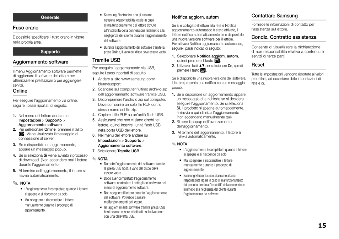 Samsung BD-J5500/ZF manual Fuso orario, Aggiornamento software, Online, Tramite USB, Contattare Samsung, Reset 