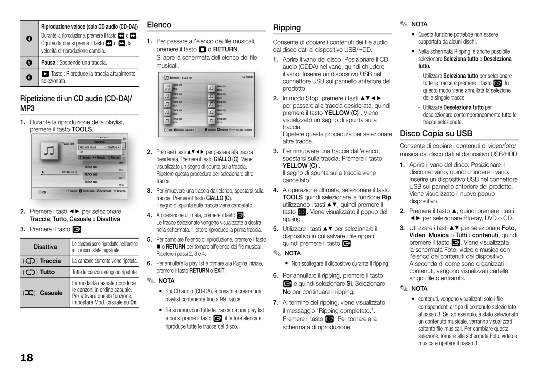 Samsung BD-J5500/ZF manual Ripetizione di un CD audio CD-DA/ MP3, Elenco, Ripping, Disco Copia su USB 