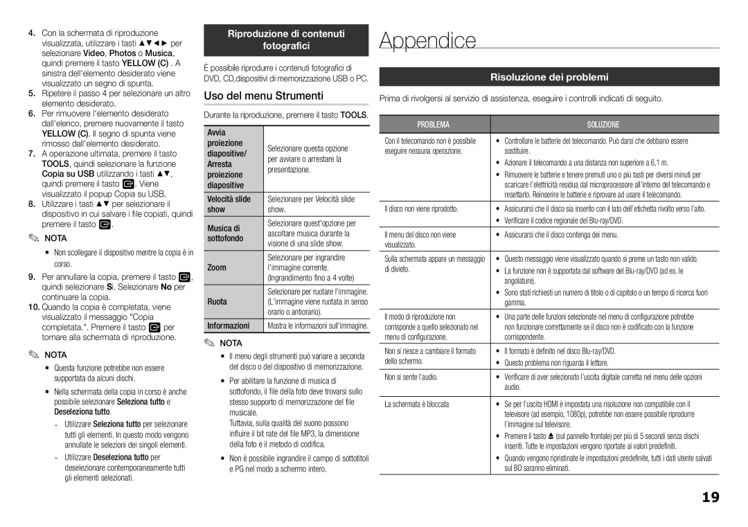 Samsung BD-J5500/ZF Appendice, Uso del menu Strumenti, Riproduzione di contenuti Fotografici, Risoluzione dei problemi 