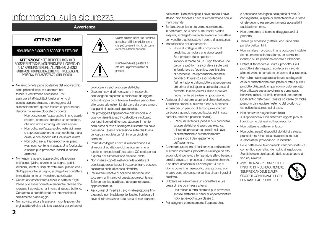 Samsung BD-J5500/ZF manual Informazioni sulla sicurezza, Avvertenza 