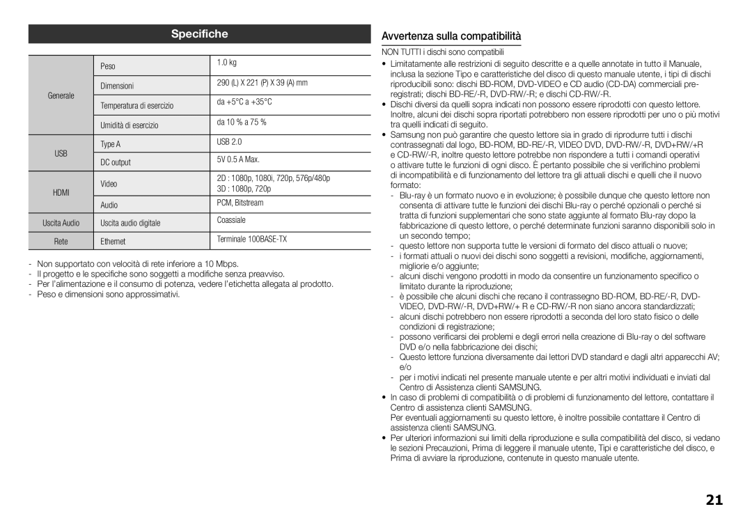 Samsung BD-J5500/ZF manual Avvertenza sulla compatibilità 