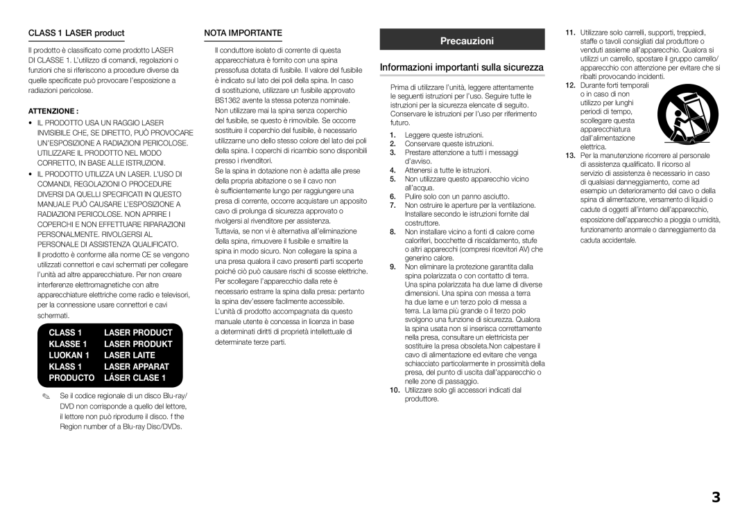 Samsung BD-J5500/ZF manual Precauzioni, Informazioni importanti sulla sicurezza, Class 1 Laser product, Nota Importante 