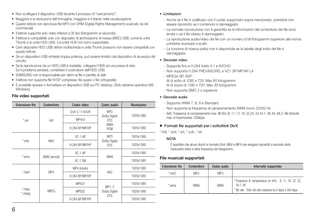 Samsung BD-J5500/ZF manual Risoluzione, 1920x1080, Wma, Mpeg, Ttxt, *.smi, *.srt, *.sub, *.txt Nota 