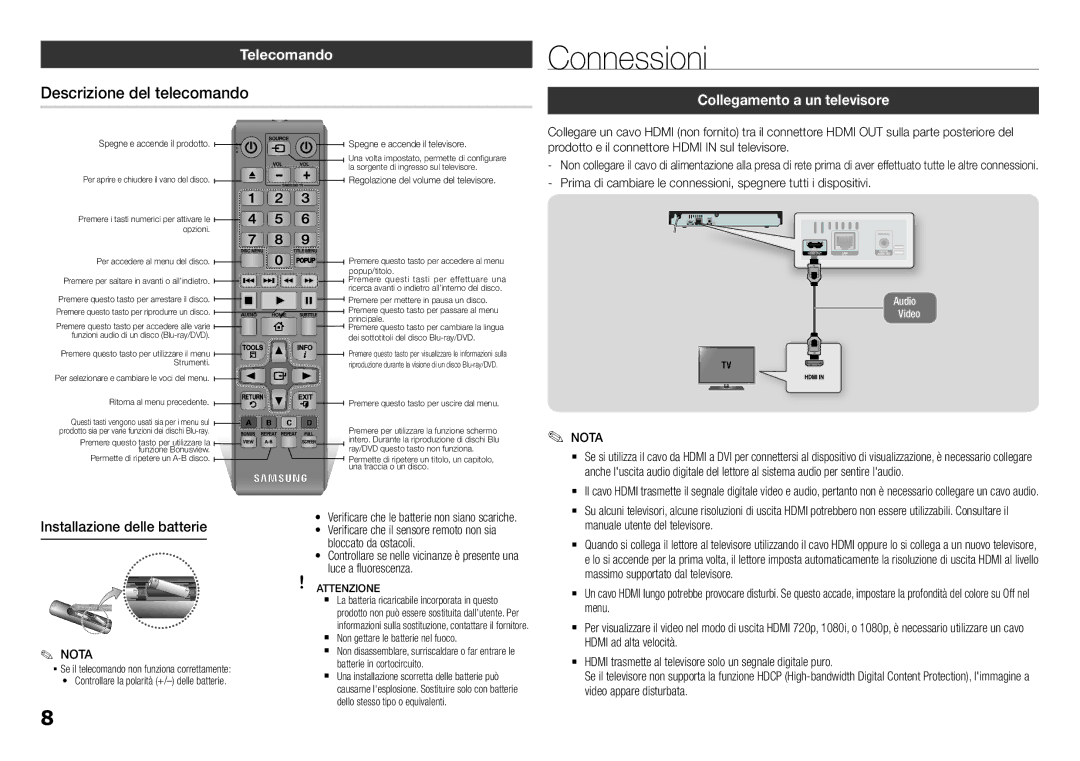 Samsung BD-J5500/ZF manual Connessioni, Descrizione del telecomando, Telecomando, Collegamento a un televisore 